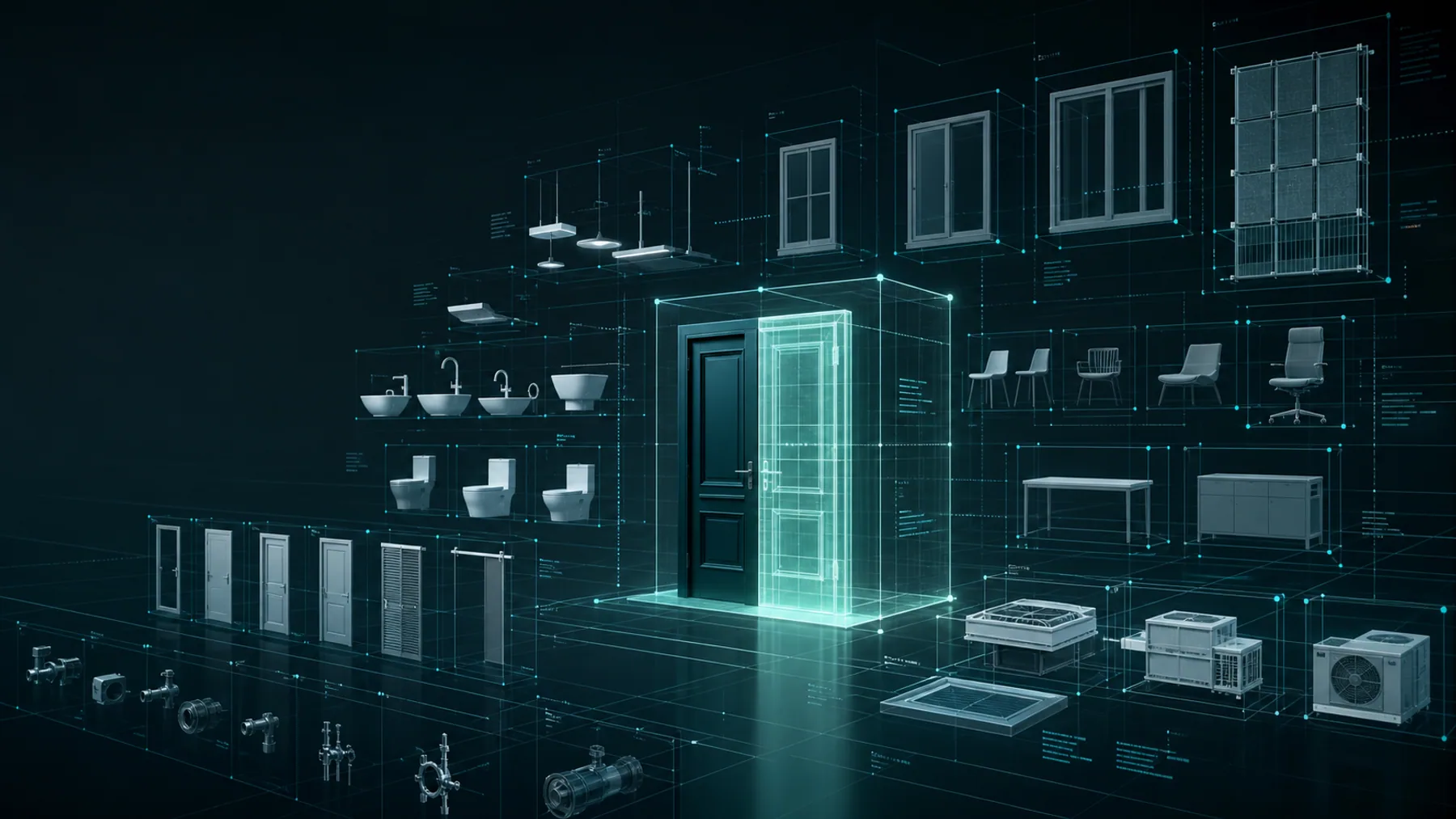 Generic spatial BIM library showing coordinated building-product families in a digital archive