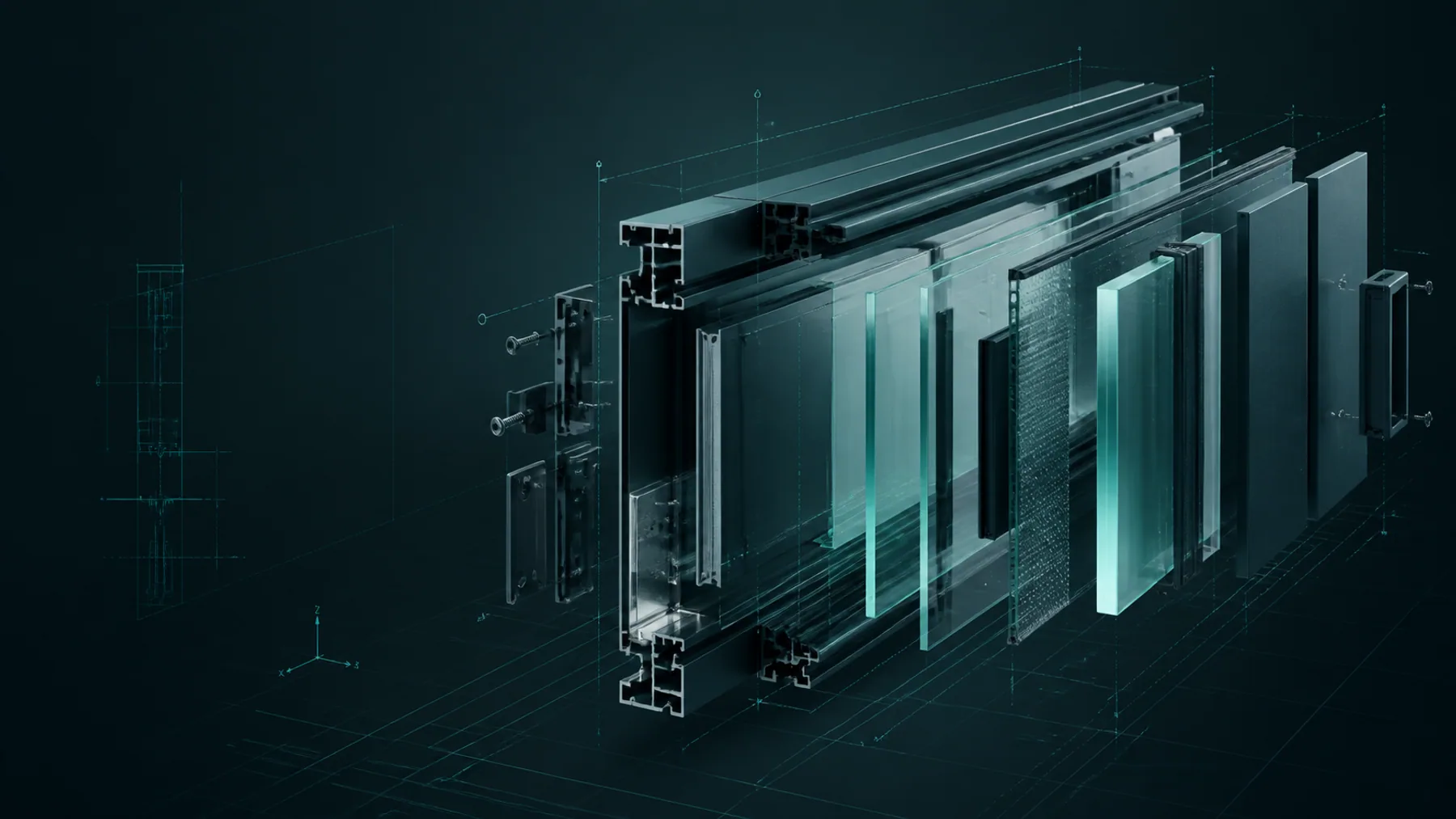 Generic architectural product exploded into profiles, glazing, panels and connection components