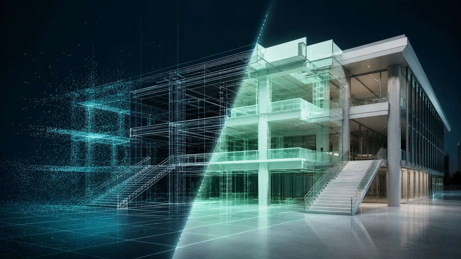 Generic concept showing one building transitioning from point cloud through wireframe and BIM geometry to a finished model